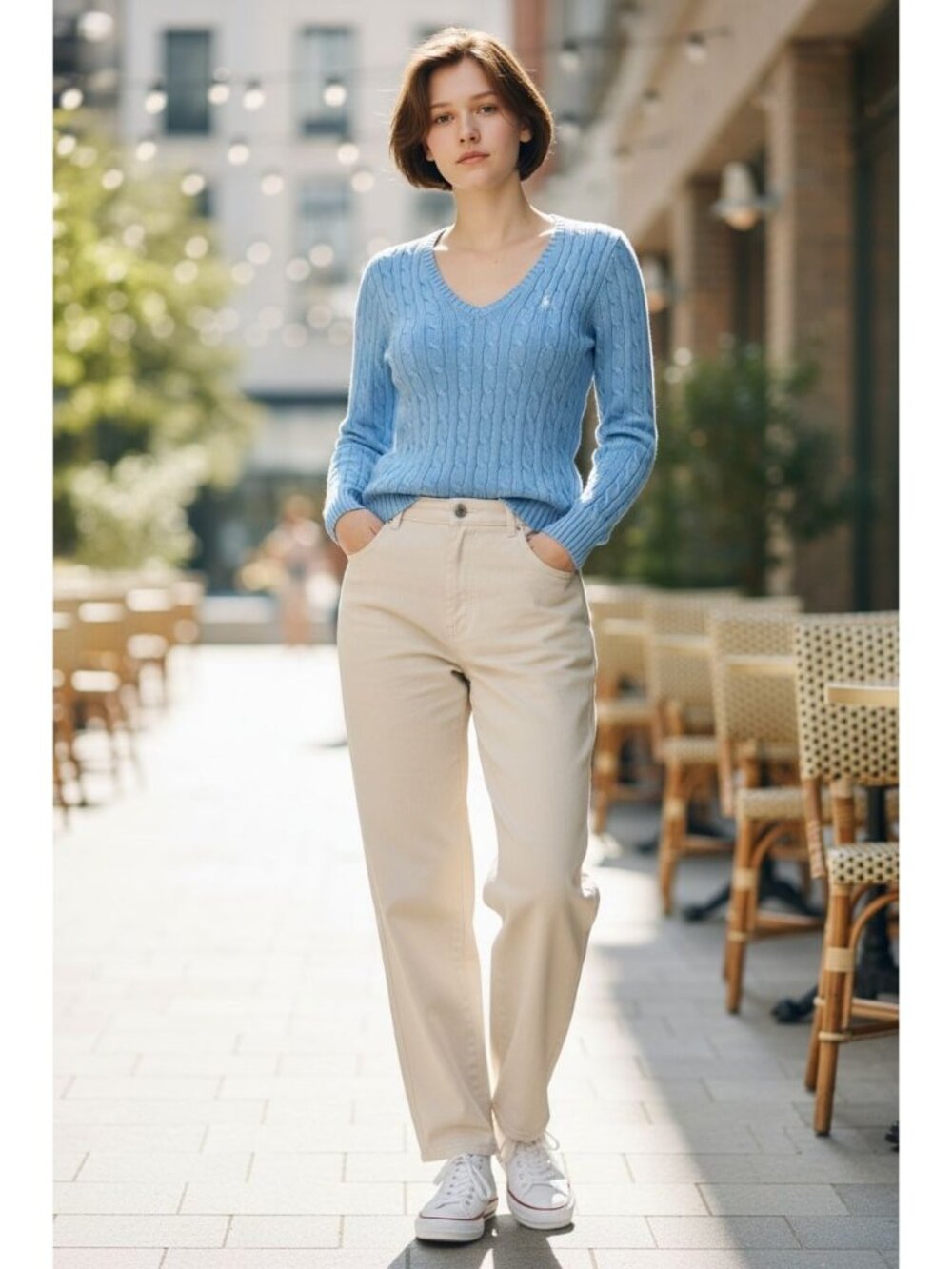 Ralph Lauren Sport Cable Knit Sweater Women's M Blue V-Neck 100% Cotton Pony